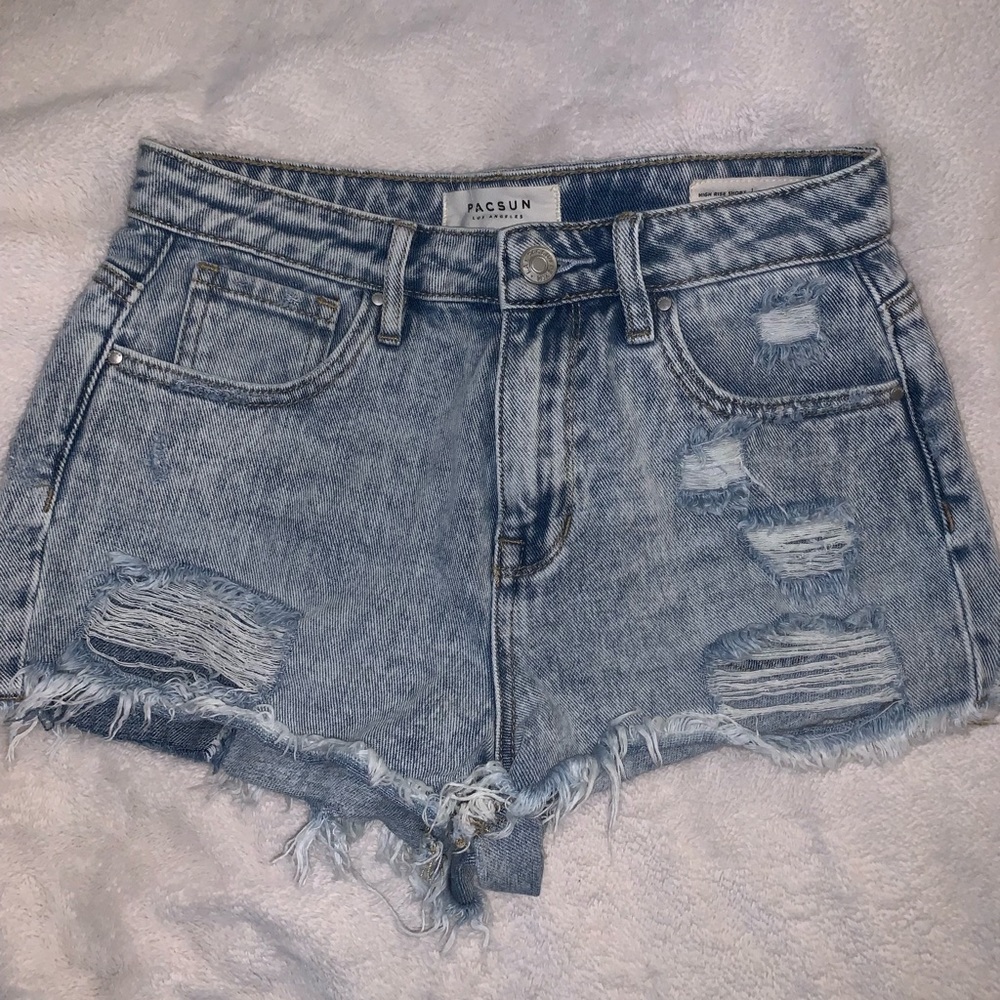 High rise light wash ripped jean shorts
